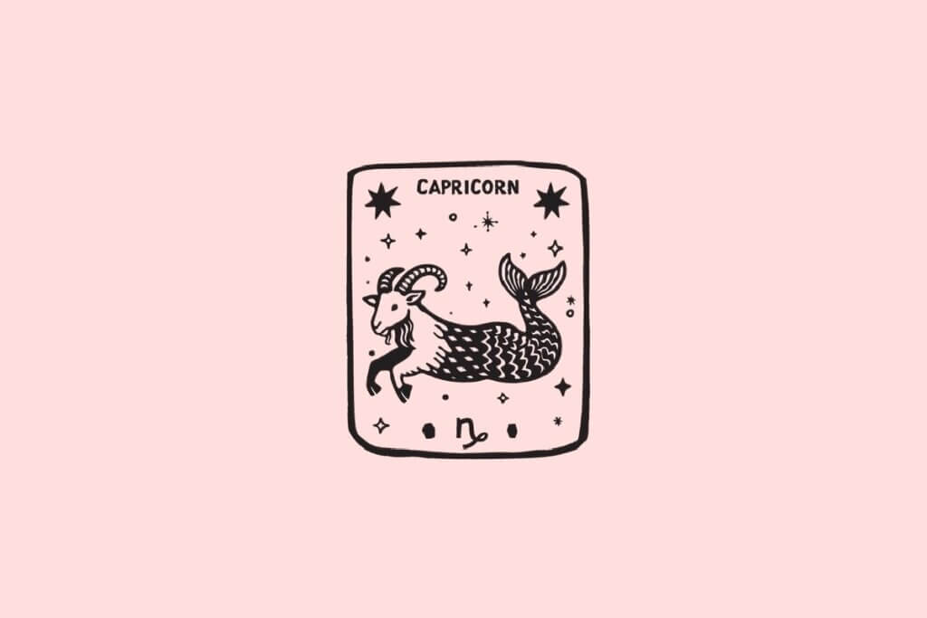 Ilustração do signo de Capricórnio, contendo uma criatura metade cabra metade peixe com escamas e estrelas ao redor, em fundo rosa-claro