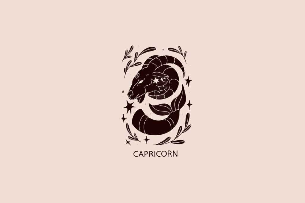 Ilustração do signo de Capricórnio contendo uma cabra com chifres longos em fundo bege