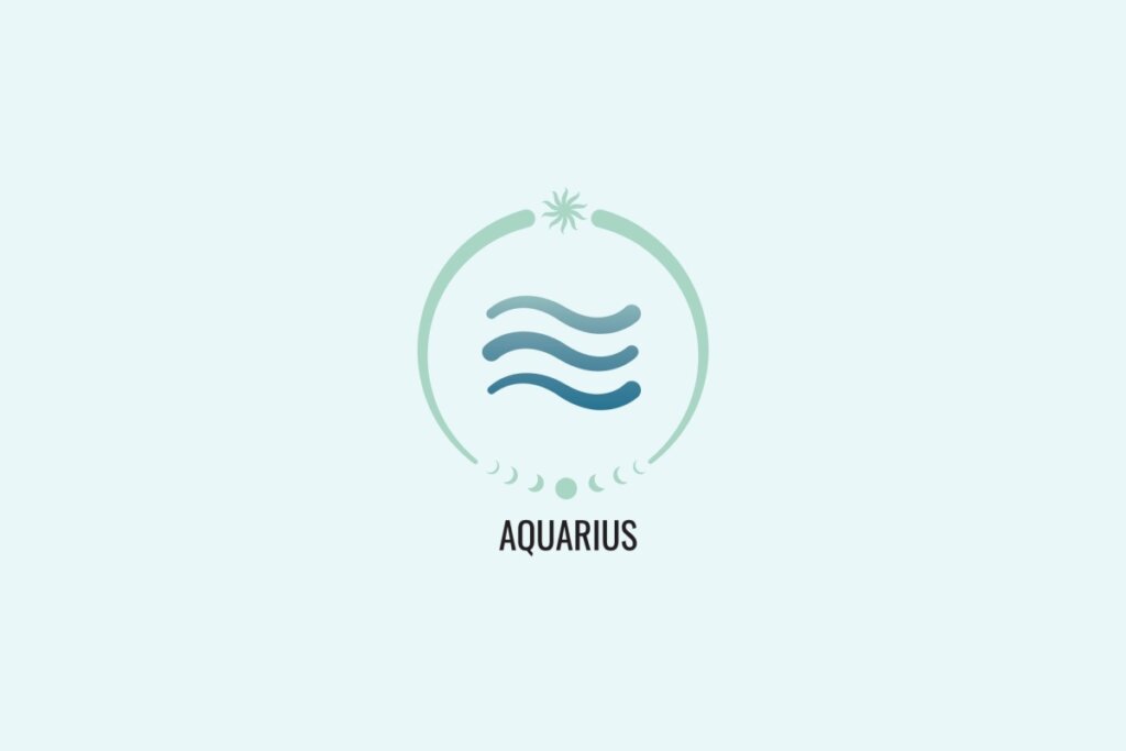Ilustração do signo Aquário, com símbolo composto por três linhas onduladas horizontais em tons de azul, sobre fundo verde-claro