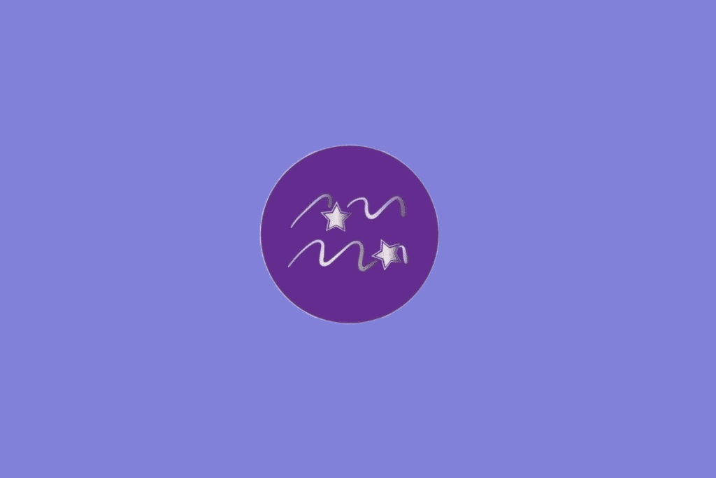 Ilustração do signo de Aquário, contendo símbolo com duas linhas onduladas paralelas e estrelas, em fundo roxo