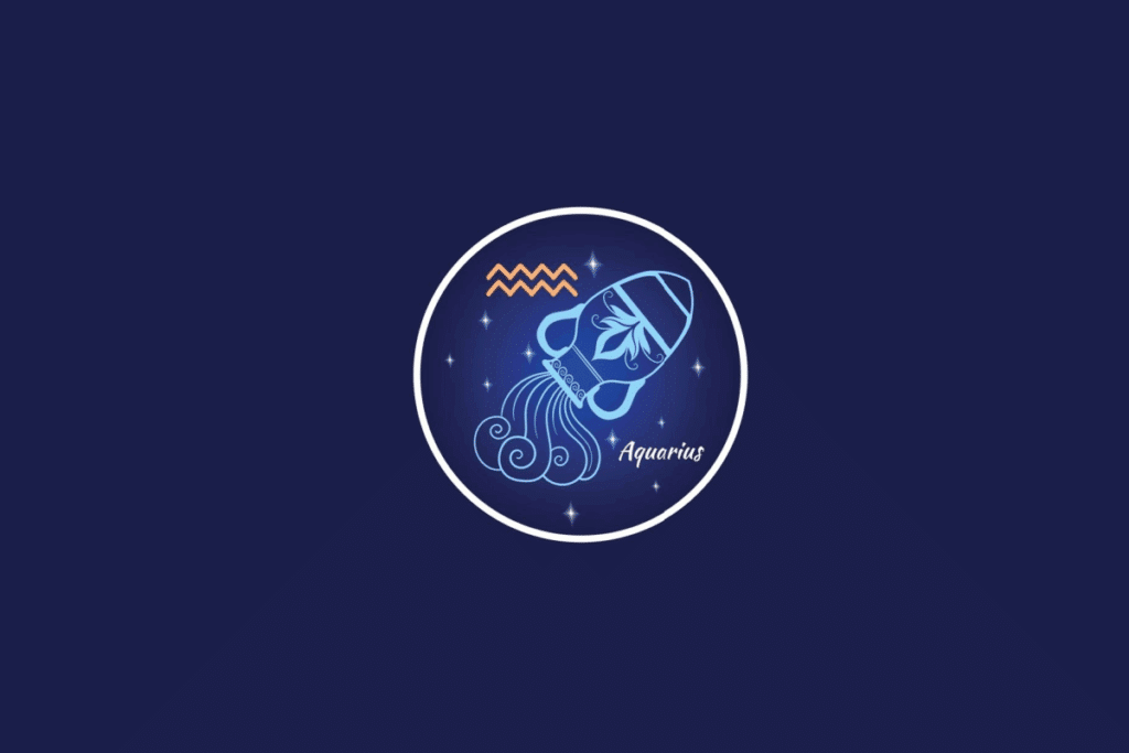 Ilustração do signo de Aquário, contendo um cântaro derramando água e o símbolo do signo em laranja, dentro de um círculo estrelado, em fundo azul-escuro