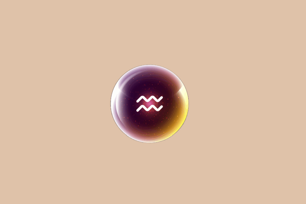 Ilustração do signo de Aquário, em fundo bege, contendo o símbolo do signo em branco, formado por duas linhas onduladas paralelas, no centro de uma esfera luminosa