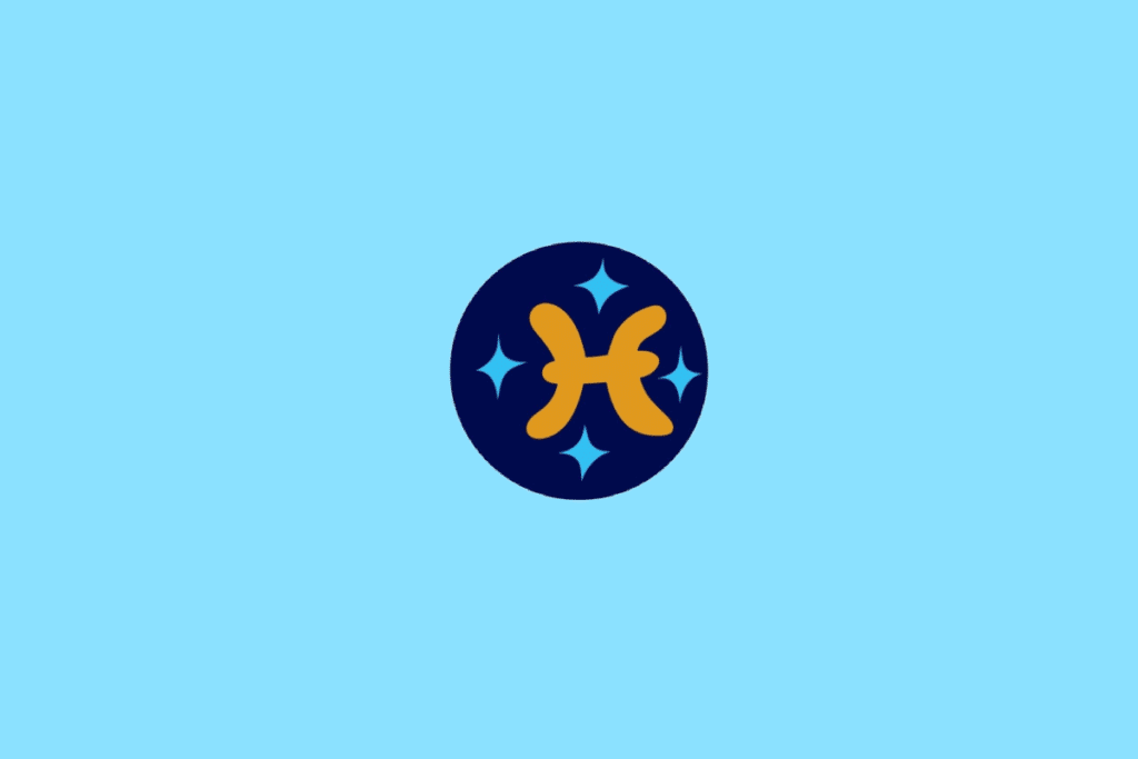 Ilustração do signo de Peixes, contendo o símbolo dos peixes (duas curvas voltadas para lados opostos unidas por um traço no centro), em fundo azul-claro