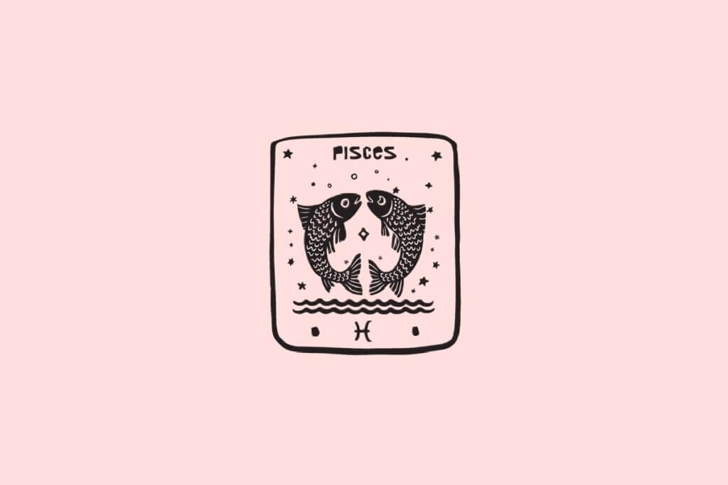 ilustração do signo de Peixes, contendo dois peixes espelhados frente a frente com estrelas e ondas, em fundo rosa-claro
