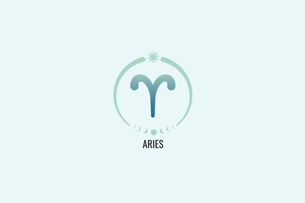 Ilustração do signo Áries, com símbolo em forma de "V" curvado representando chifres de carneiro, em tom azul esverdeado, sobre fundo verde-claro
