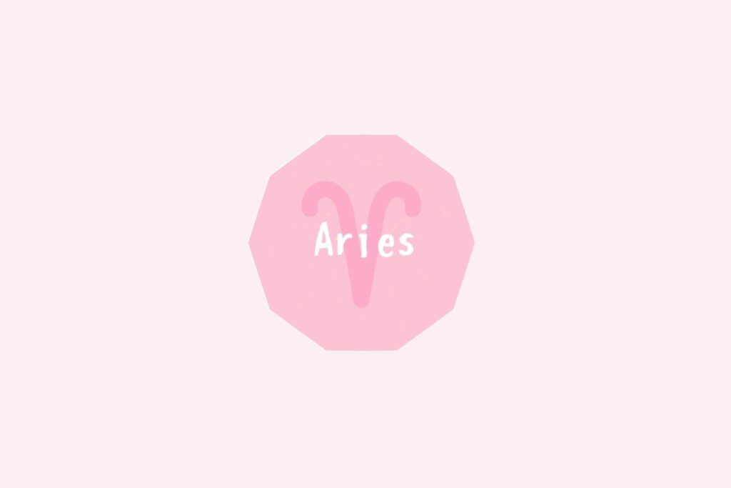 Símbolo do signo de Áries, semelhante a dois chifres de carneiro curvados, em rosa sobre um octógono rosa-claro, com o nome "Aries" escrito ao centro