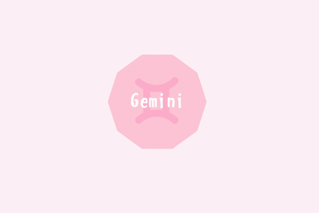 Símbolo do signo de Gêmeos, semelhante ao número romano dois com barras acima e abaixo, em rosa sobre um octógono rosa-claro, com o nome "Gemini" escrito ao centro