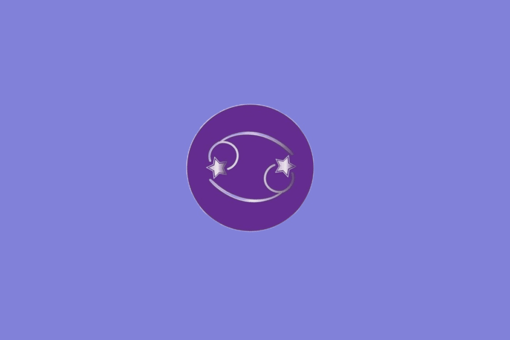 Ilustração do signo de Câncer, contendo símbolo com duas espirais opostas formando um ciclo e duas estrelas, em fundo roxo