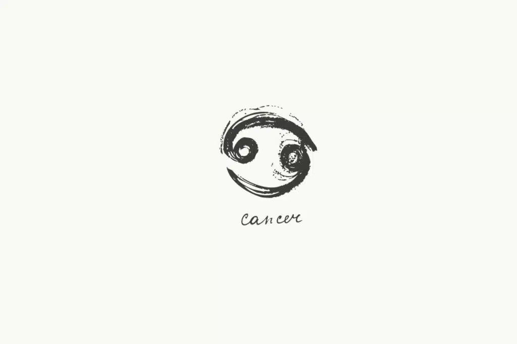 Ilustração do signo de Câncer, composta por dois círculos com caudas curvas opostas, formando um símbolo semelhante ao número 69 deitado, em fundo claro