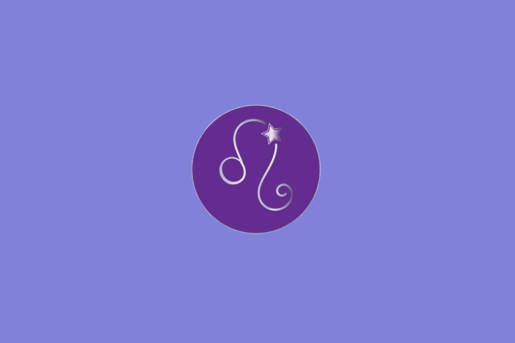 Ilustração do signo de Leão, contendo símbolo curvo estilizado com estrela ao lado, em fundo roxo