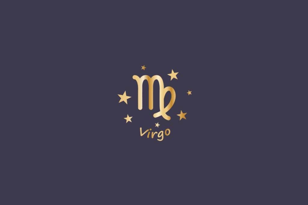 Ilustração do signo de Virgem, em fundo cinza, contendo o símbolo do signo em dourado, semelhante à letra M com uma alça curva, cercado por estrelas e com o nome "Virgo" abaixo