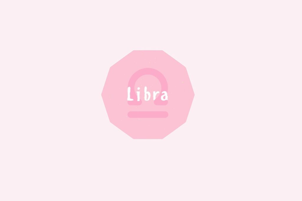 Símbolo do signo de Libra, semelhante a uma balança com uma linha horizontal e uma curva acima, em rosa sobre um octógono rosa-claro, com o nome "Libra" escrito ao centro