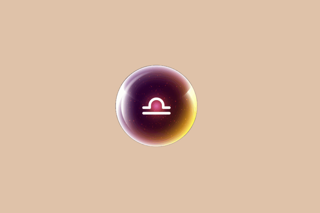 Ilustração do signo de Libra, em fundo bege, contendo o símbolo do signo em branco, formado por um semicírculo sobre uma linha, no centro de uma esfera luminosa