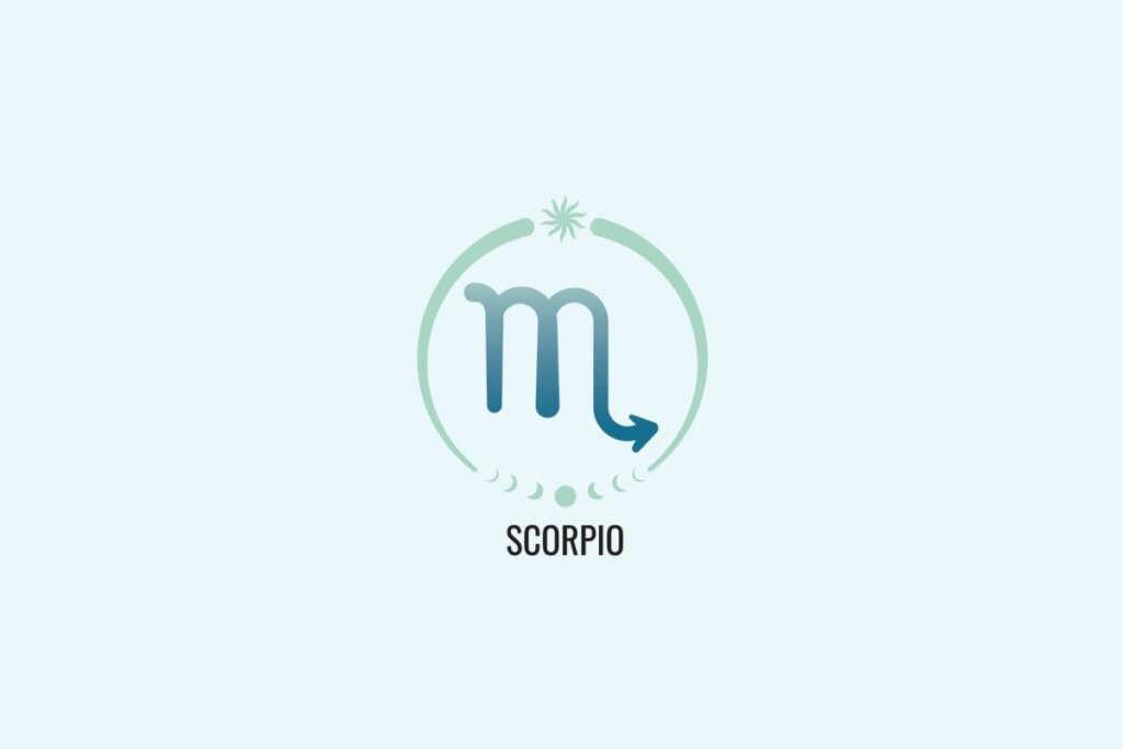 Ilustração do signo Escorpião, com símbolo semelhante à letra “m” com uma cauda curva apontando para a direita, em azul esverdeado, sobre fundo verde-claro