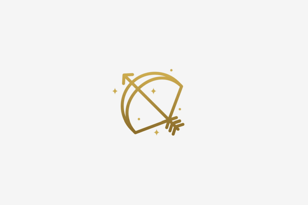 Ilustração do signo de Sagitário, contendo um arco e flecha apontados para cima e estrelas ao redor, em fundo cinza-claro