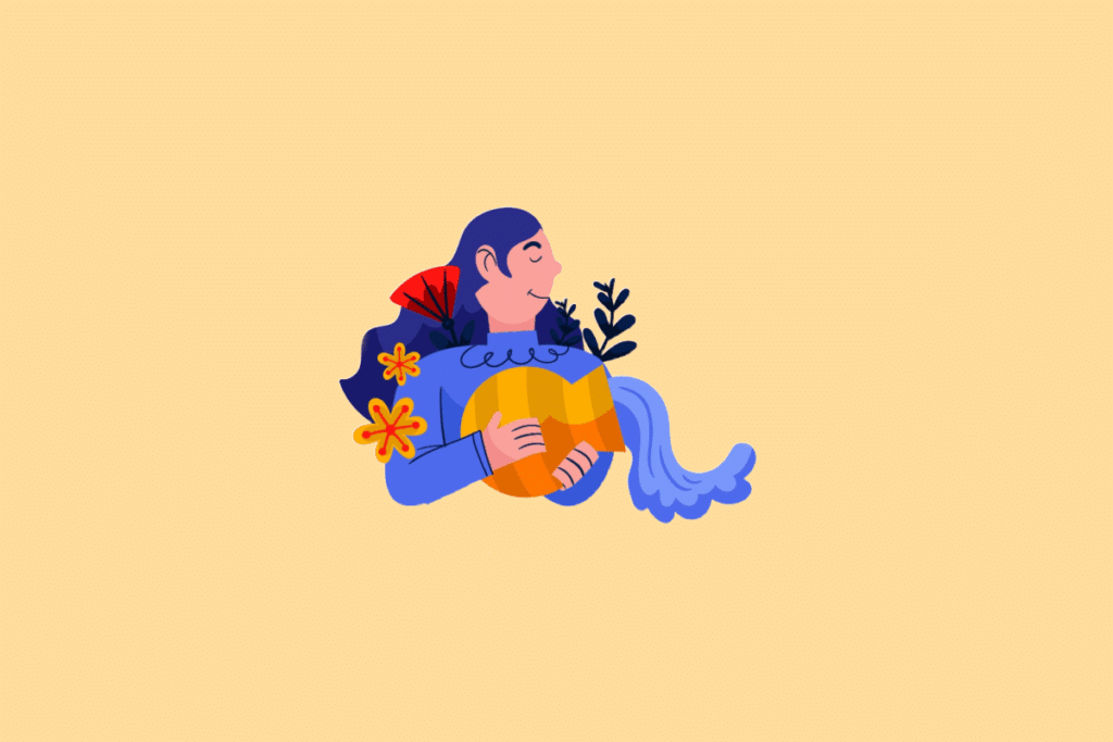 Ilustração estilizada do signo de Aquário. No centro, uma pessoa de perfil com longos cabelos azuis segurando um vaso amarelo e laranja, do qual jorra água azul, cercada por flores vermelhas e amarelas ao fundo. O fundo é de cor amarela clara uniforme.