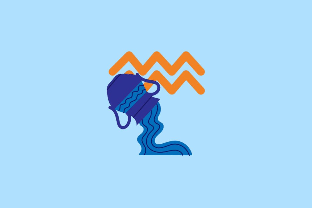 Ilustração vetorial sobre fundo azul-claro representando o signo de Aquário. Mostra um jarro azul derramando água, com o símbolo astrologico de Aquário em tom laranja ao fundo.