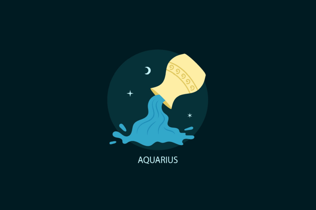Ilustração vetorial do signo de Aquário em um círculo azul-escuro sobre fundo preto. Mostra um vaso amarelo decorado despejando água azul, acompanhado por uma lua crescente e estrelas brancas. Abaixo, consta o texto "AQUARIUS".