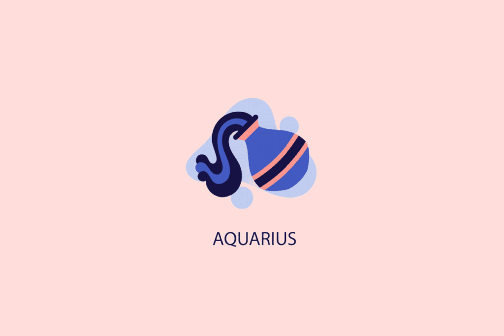 Ilustração minimalista de um vaso azul vertendo água sobre formas azuis claras e fundo rosa, com a palavra "AQUARIUS" escrita abaixo.