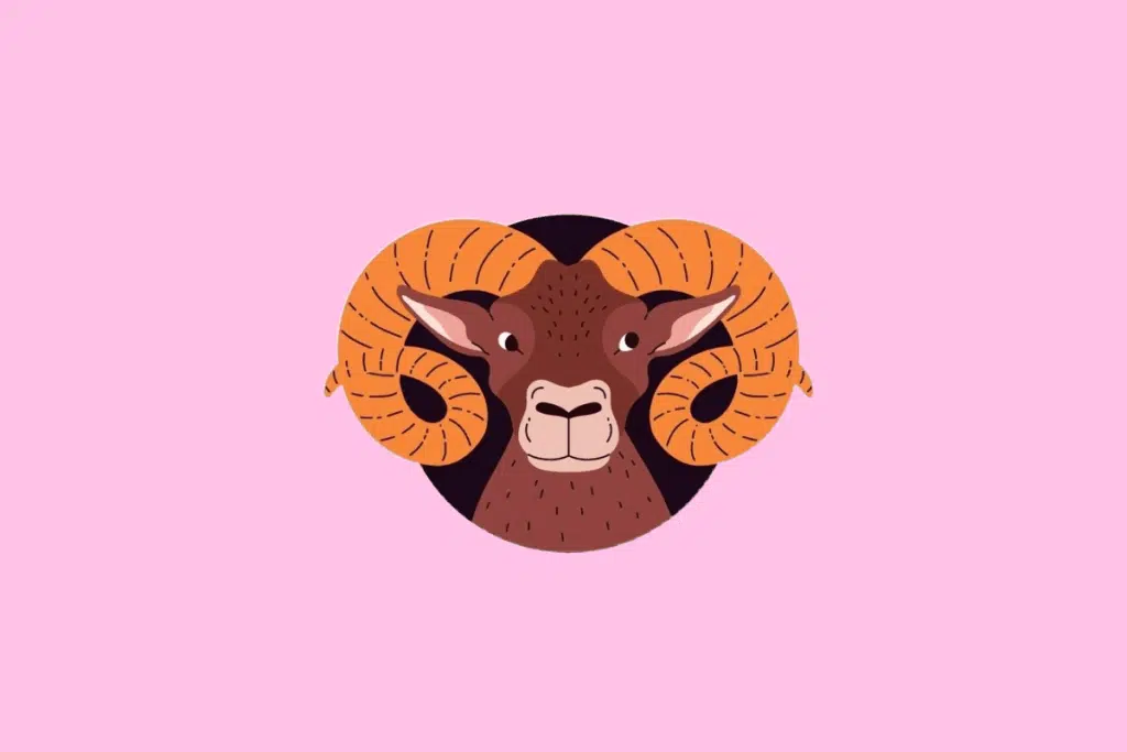 Ilustração frontal da cabeça de um carneiro marrom com grandes chifres curvados em tons de laranja e bege