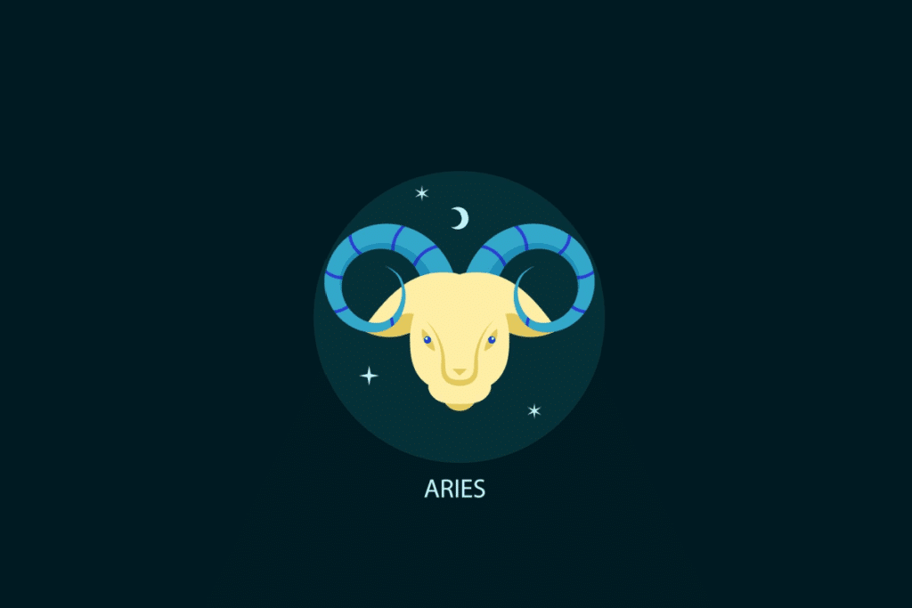 Ilustração vetorial do signo de Áries em um círculo azul-escuro sobre fundo preto. Mostra a cabeça de um carneiro amarelo de frente com grandes chifres azuis curvados e listrados, acompanhada por uma lua crescente e estrelas brancas. Abaixo, consta o texto "ARIES".