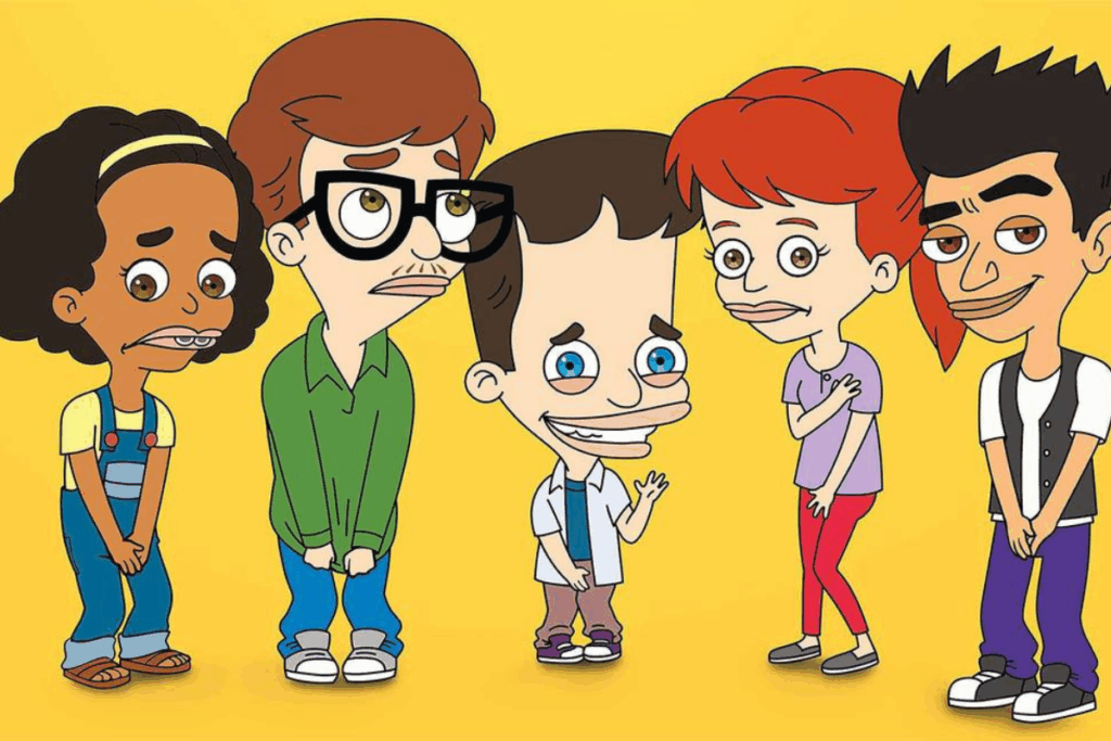 Uma ilustração de desenho animado dos cinco personagens principais adolescentes de Big Mouth em pé contra um fundo amarelo vibrante. Da esquerda para a direita, estão Missy, Andrew, Nick, Jessi e Jay, todos olhando para a frente com várias expressões estranhas ou preocupadas.