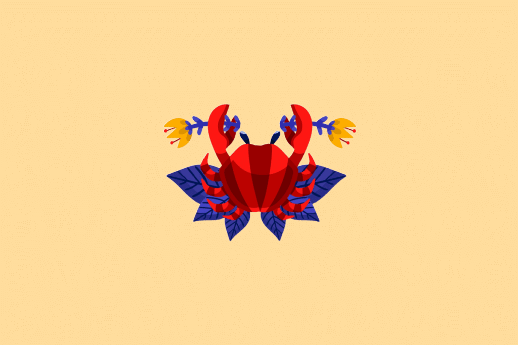 Ilustração estilizada do signo de Câncer. No centro, um caranguejo vermelho com listras escuras visto de cima, segurando ramos com flores amarelas em suas garras e apoiado sobre folhas roxas. O fundo é de cor amarela clara uniforme.