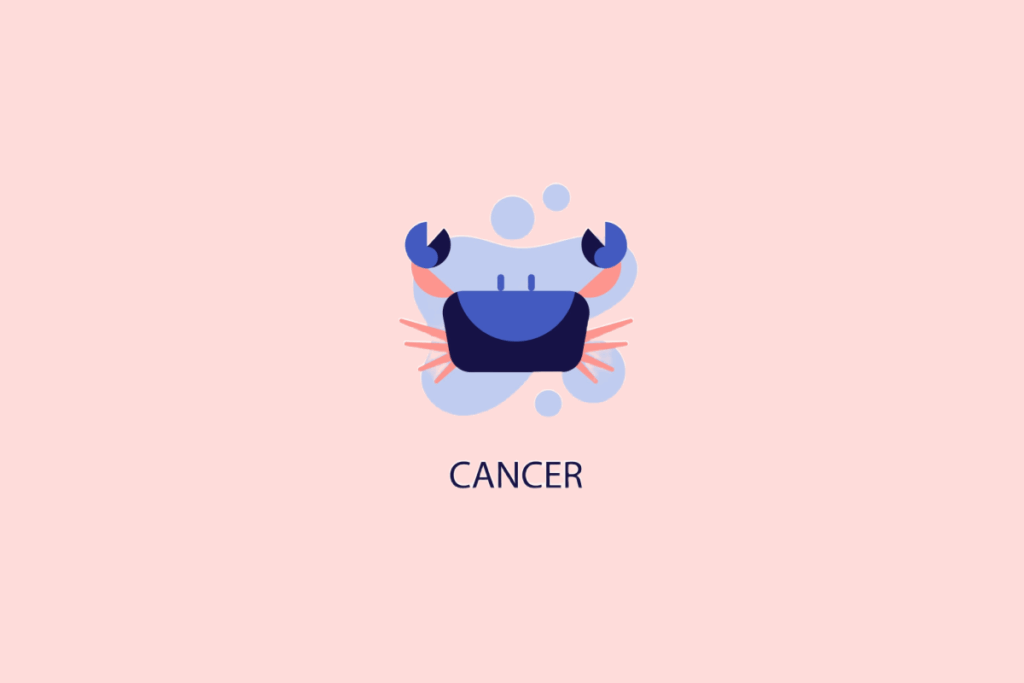 Ilustração minimalista de um caranguejo azul e rosa sobre formas azuis claras e fundo rosa, com a palavra "CANCER" escrita abaixo.