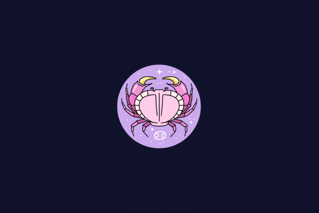 Ilustração do signo de Câncer, mostrando um caranguejo rosa estilizado com garras amarelas, dentro de um círculo lilás.