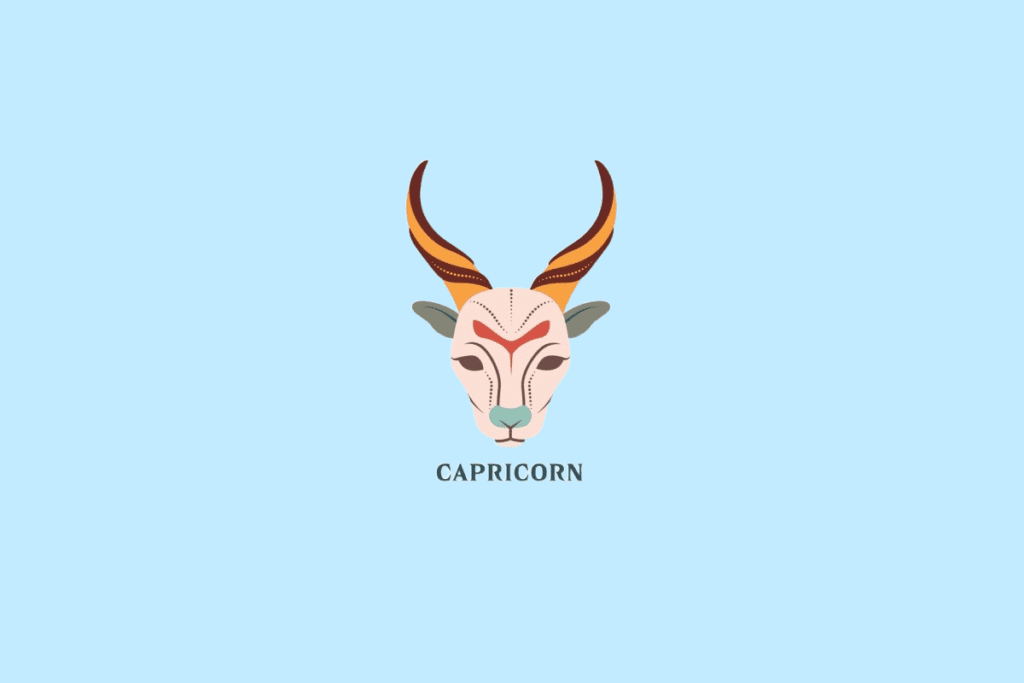 Ilustração estilizada da cabeça de uma cabra montesa com longos chifres curvados, com a palavra "CAPRICORN" escrita abaixo.