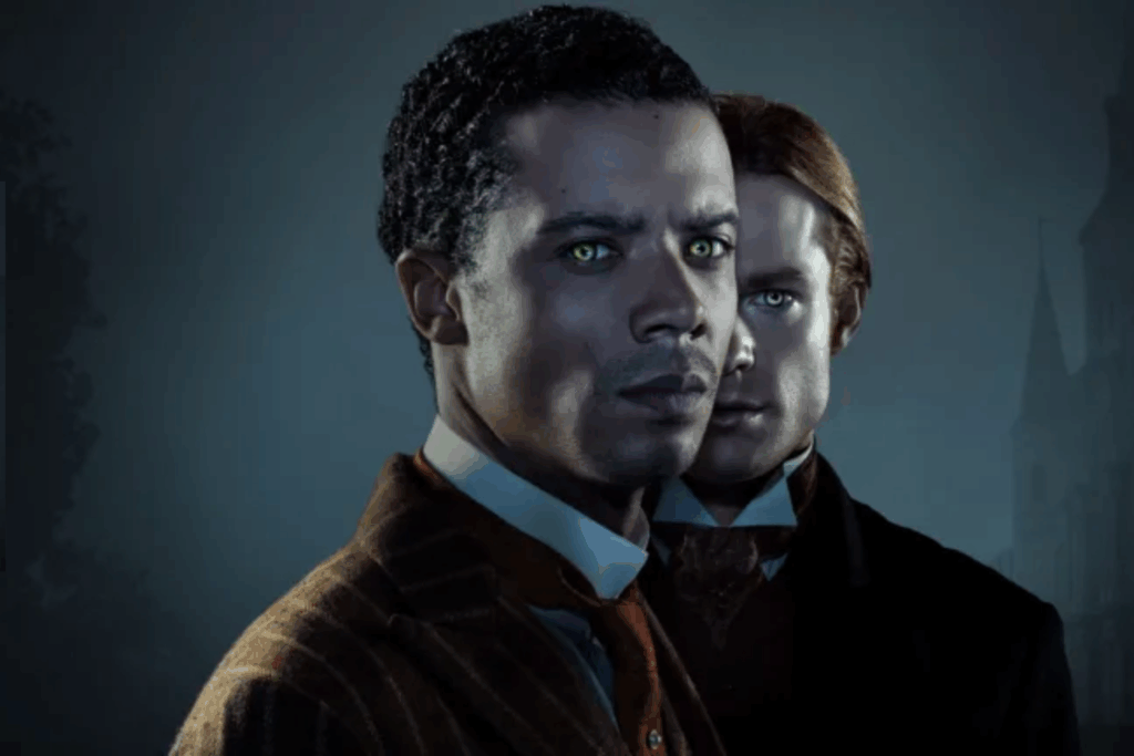 Imagem sombria em tons azuis mostrando dois homens posicionados um atrás do outro, com olhares intensos e olhos claros brilhantes e misteriosos.