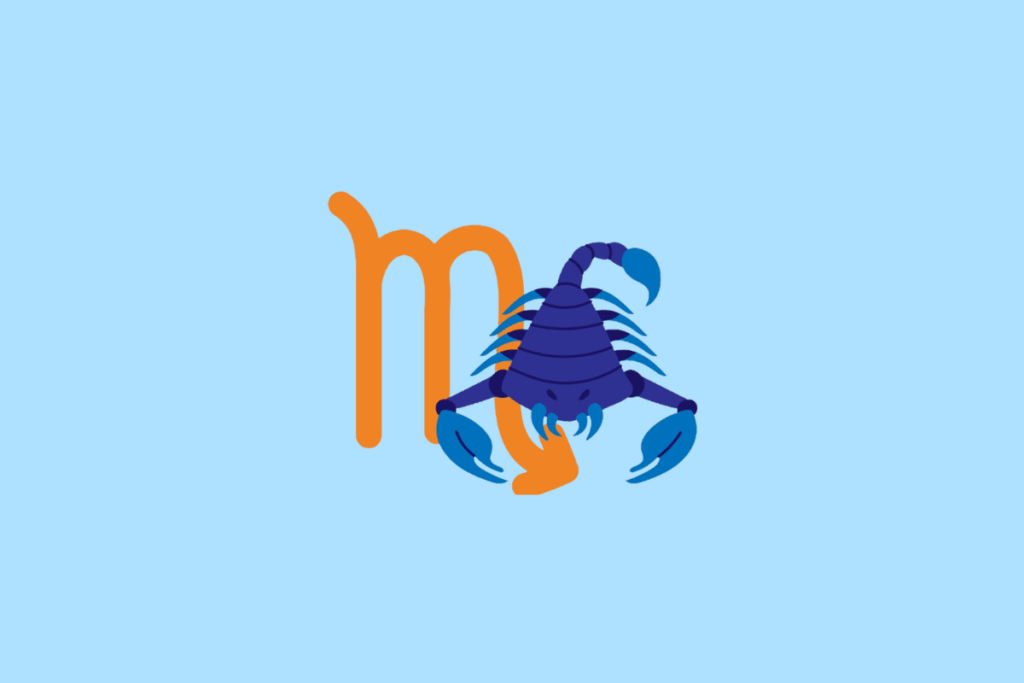 Ilustração vetorial sobre fundo azul-claro representando o signo de Escorpião. Mostra um escorpião em tons de azul visto de cima, com o símbolo astrológico de Escorpião em tom laranja ao fundo.