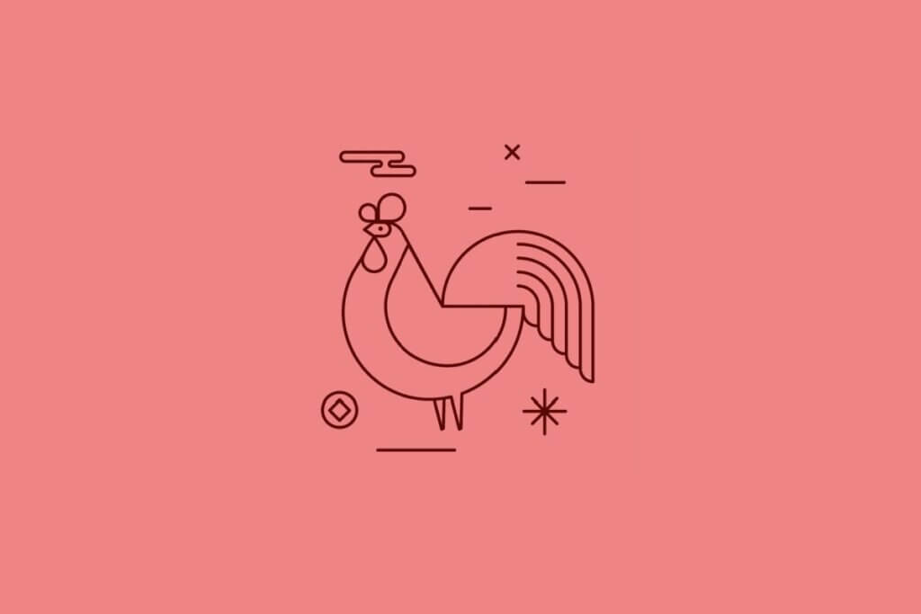Ilustração minimalista em linhas marrons de um galo com cauda em leque e crista definida, sobre um fundo rosa salmão. Símbolos de moedas e estrelas completam o design.