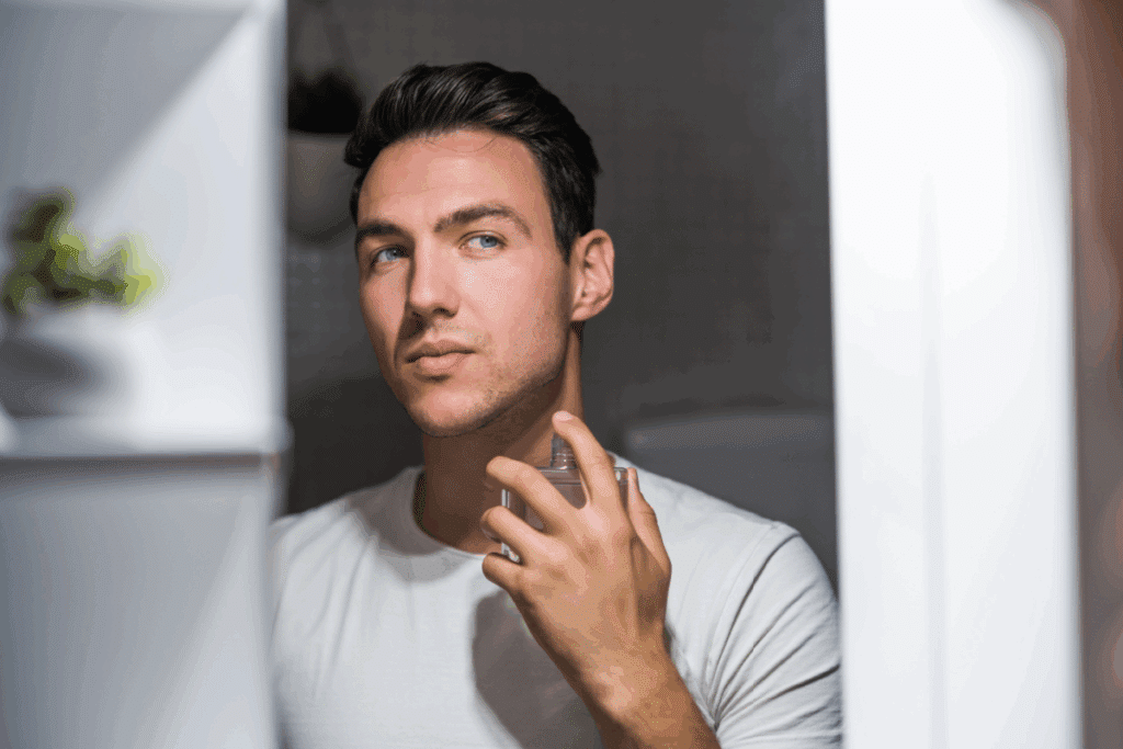 Reflexo no espelho de um homem jovem de cabelos escuros e olhos claros, vestindo uma camiseta branca, aplicando perfume na região do pescoço com um frasco de vidro transparente. Ele olha de forma focada para o lado, e a imagem traz detalhes desfocados de um armário em primeiro plano.