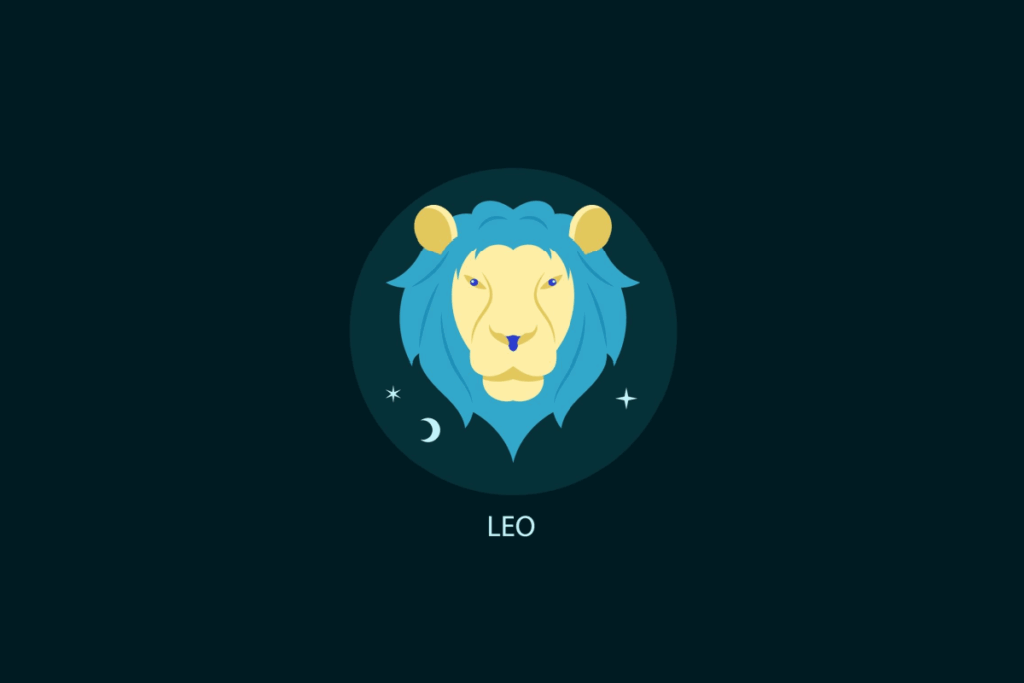 Ilustração vetorial do signo de Leão em um círculo azul-escuro sobre fundo preto. Mostra a cabeça de um leão estilizado de cor amarela com uma juba azul-clara, acompanhada por uma lua crescente e estrelas brancas. Abaixo, consta o texto "LEO".