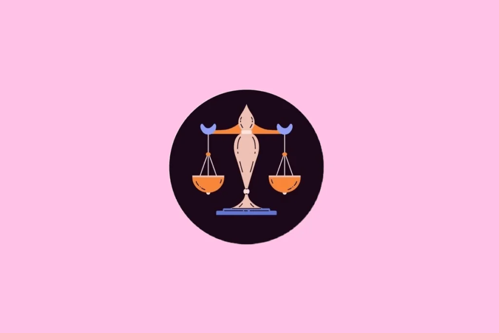 Ilustração de uma balança de pratos equilibrada, em tons de bege, laranja e azul, com um eixo central estilizado