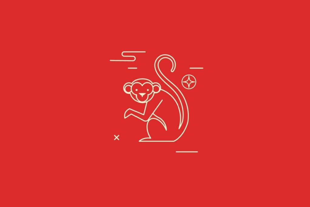 Ilustração minimalista em linhas claras de um macaco sentado com uma cauda longa e curva, sobre um fundo vermelho. Há pequenos símbolos geométricos flutuando ao redor.