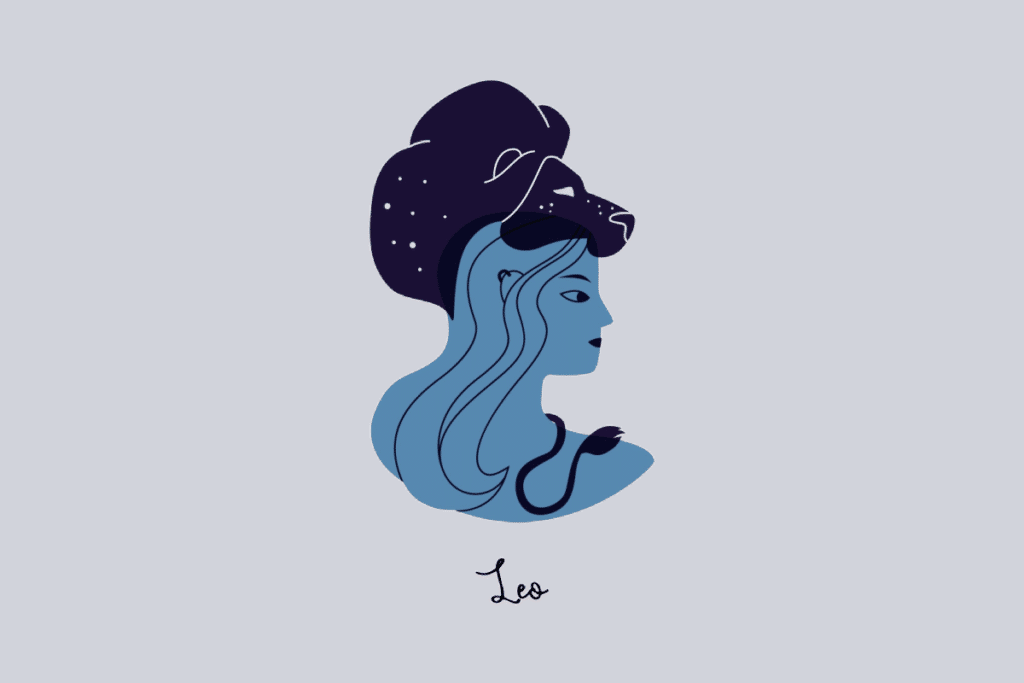 Aqui está uma opção de texto alternativo simplificado e direto para a imagem:
Ilustração minimalista de perfil de uma mulher azul usando um adereço de cabeça em formato de leão azul-escuro com pequenos pontos brancos sobre um fundo cinza, com a palavra "Leo" escrita abaixo.