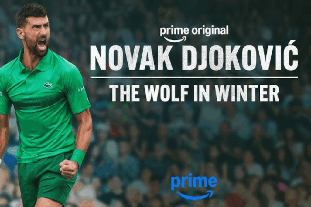 Capa da série documental "Novak Djokovic: The Wolf in Winter", com a foto do jogador usando roupa verde ao lado esquerdo e o nome da série do lado direito 
