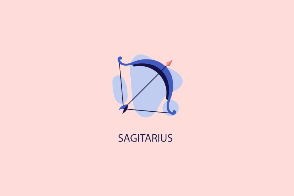 Ilustração minimalista de um arco e flecha azul e rosa apontando para cima sobre formas azuis claras e fundo rosa, com a palavra "SAGITARIUS" escrita abaixo.