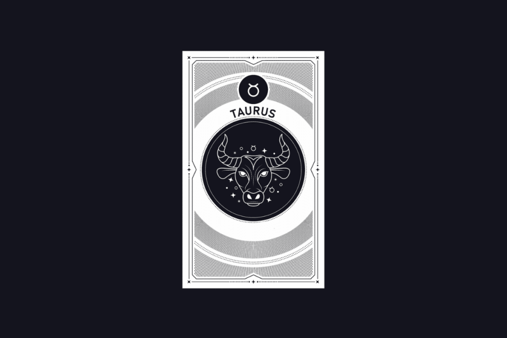 Ilustração em estilo carta de tarot em preto e branco do signo de Touro, contendo o símbolo do signo, a palavra "TAURUS" e a cabeça de um touro no centro.