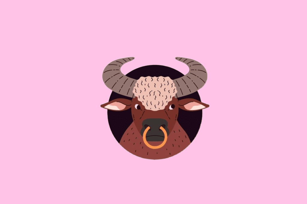 Ilustração frontal da cabeça de um touro marrom com grandes chifres cinzas e uma mecha de pelo bege encaracolado no topo da cabeça. O touro usa um argola dourada no nariz