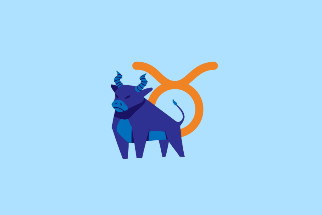 Ilustração vetorial sobre fundo azul-claro representando o signo de Touro. Mostra um touro em tons de azul de perfil com chifres curvados, com o símbolo astrológico de Touro em tom laranja ao fundo.