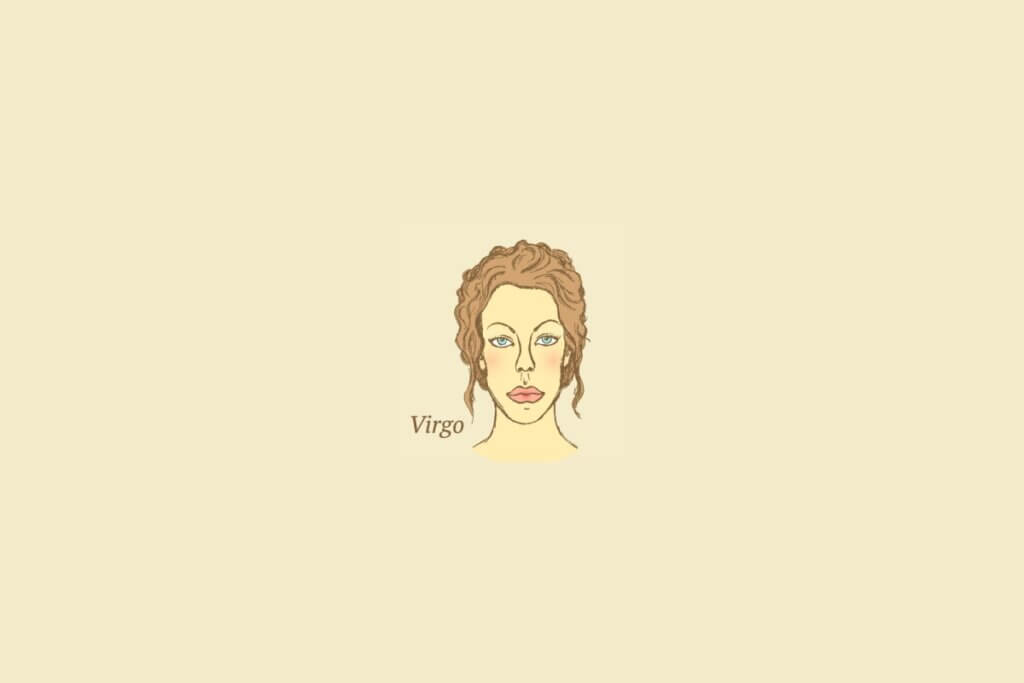 Ilustração do signo de virgem centralizado, com o nome do signo embaixo, em um fundo rosa-salmão