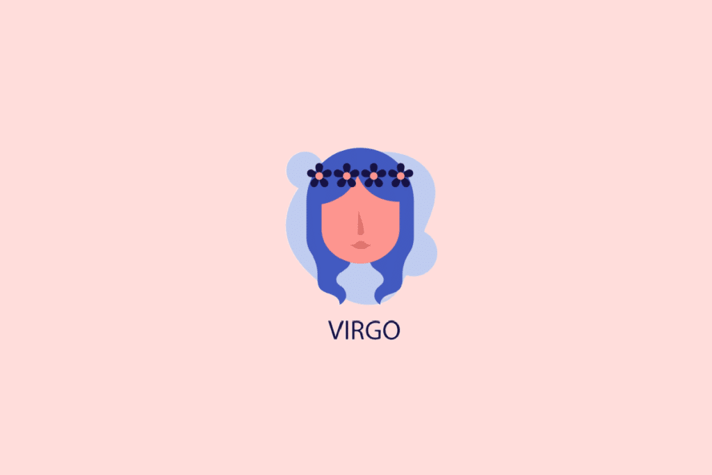 Ilustração minimalista do rosto de uma mulher de cabelos azuis e coroa de flores sobre formas azuis claras e fundo rosa, com a palavra "VIRGO" escrita abaixo.