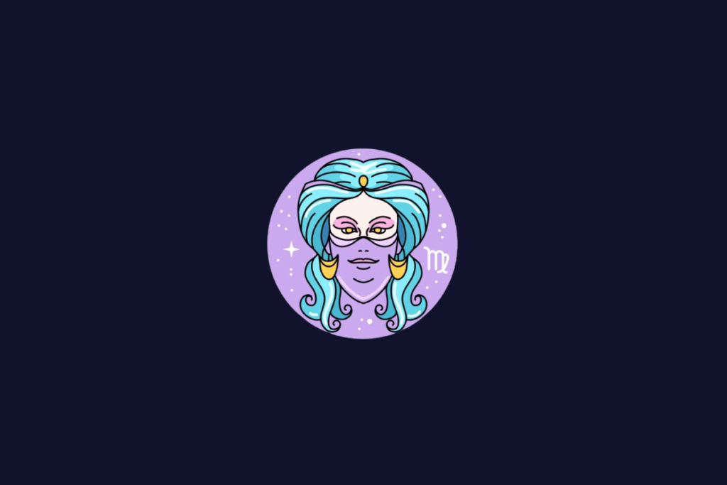 Ilustração do signo de Virgem, mostrando o rosto de uma mulher estilizada com cabelos azuis e véu roxo, dentro de um círculo lilás.