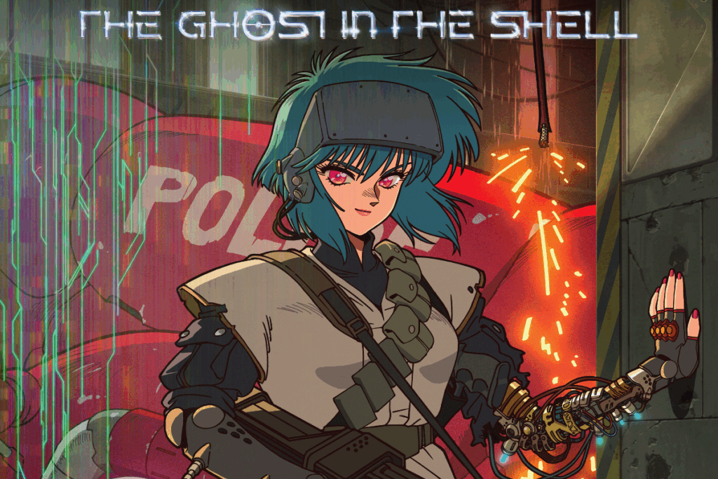 Ilustração de uma mulher com cabelo azul e curto, usando roupas de guerra com arma na mão