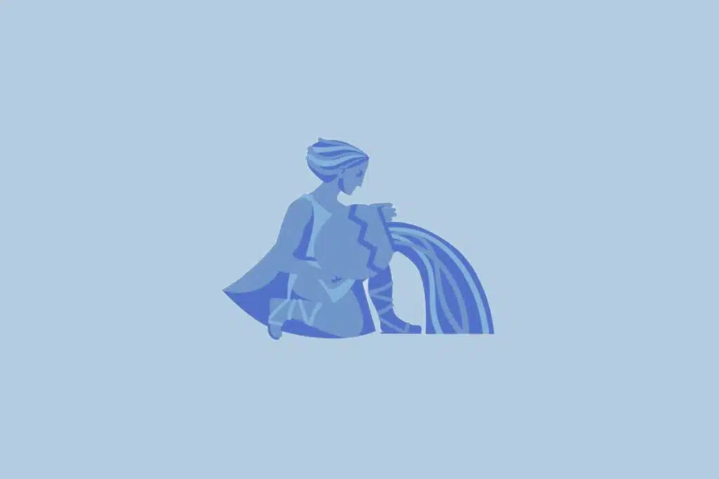 Ilustração do signo Aquário, com uma figura em azul despejando água de um jarro, sobre fundo azul-claro