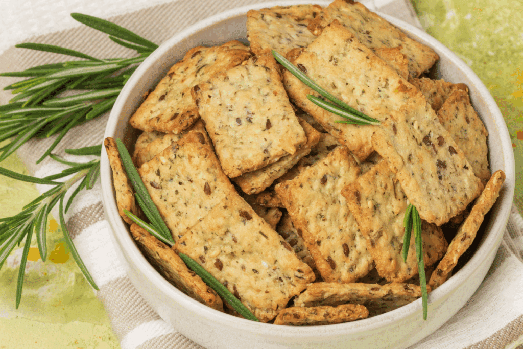 Biscoitos de linhaça com alecrim em um recipiente branco