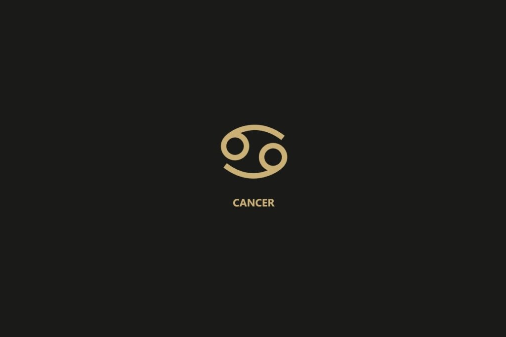Ilustração do signo de câncer sobre um fundo preto, com o nome do signo logo abaixo.